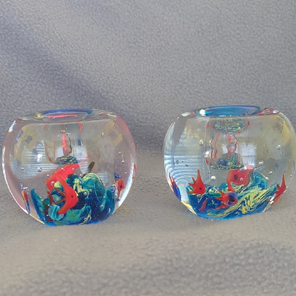 Hand Blown Glass Paperweights. Set Of 2.  Candlesticks.